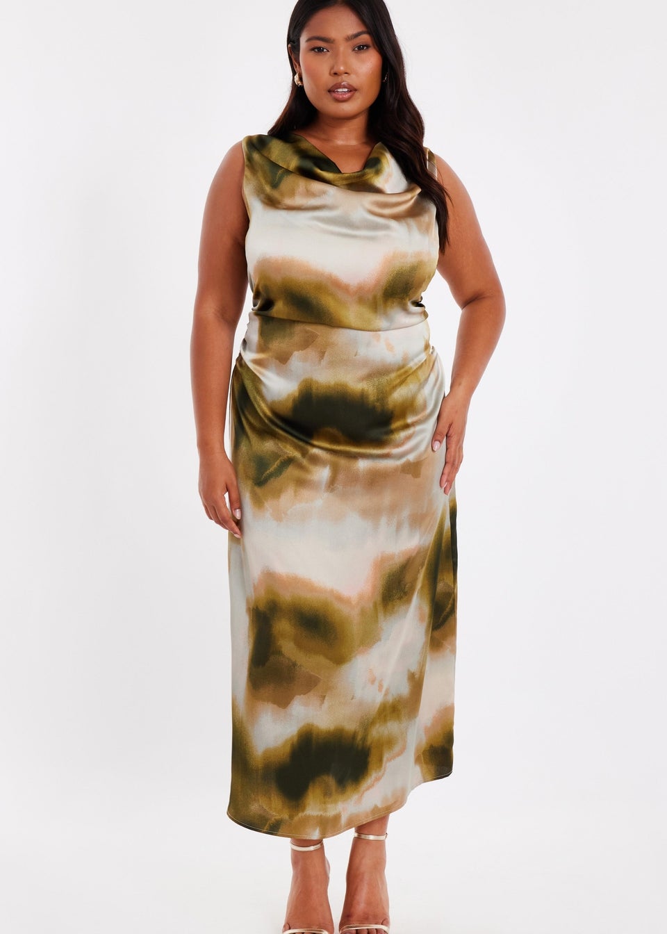 Quiz Khaki Curve Printed Satin Midaxi Dress