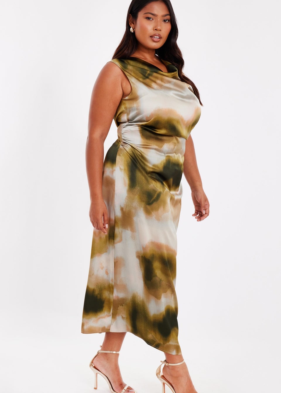 Quiz Khaki Curve Printed Satin Midaxi Dress