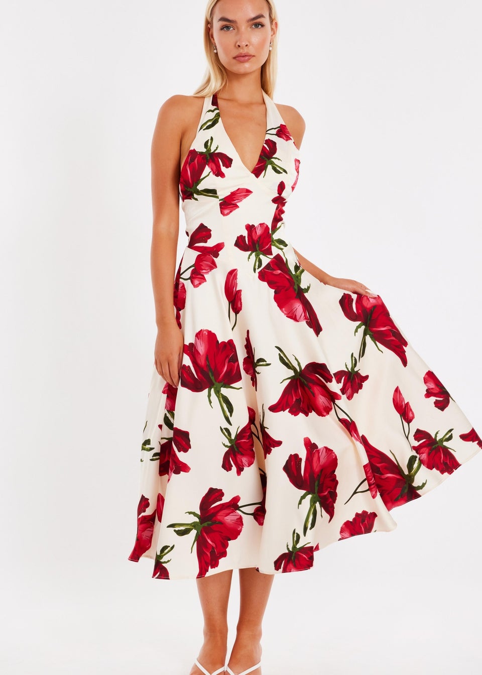 Quiz Cream Petite Satin Rose Print Midi Dress