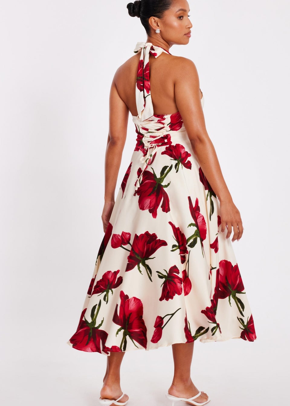 Quiz Cream Petite Satin Rose Print Midi Dress