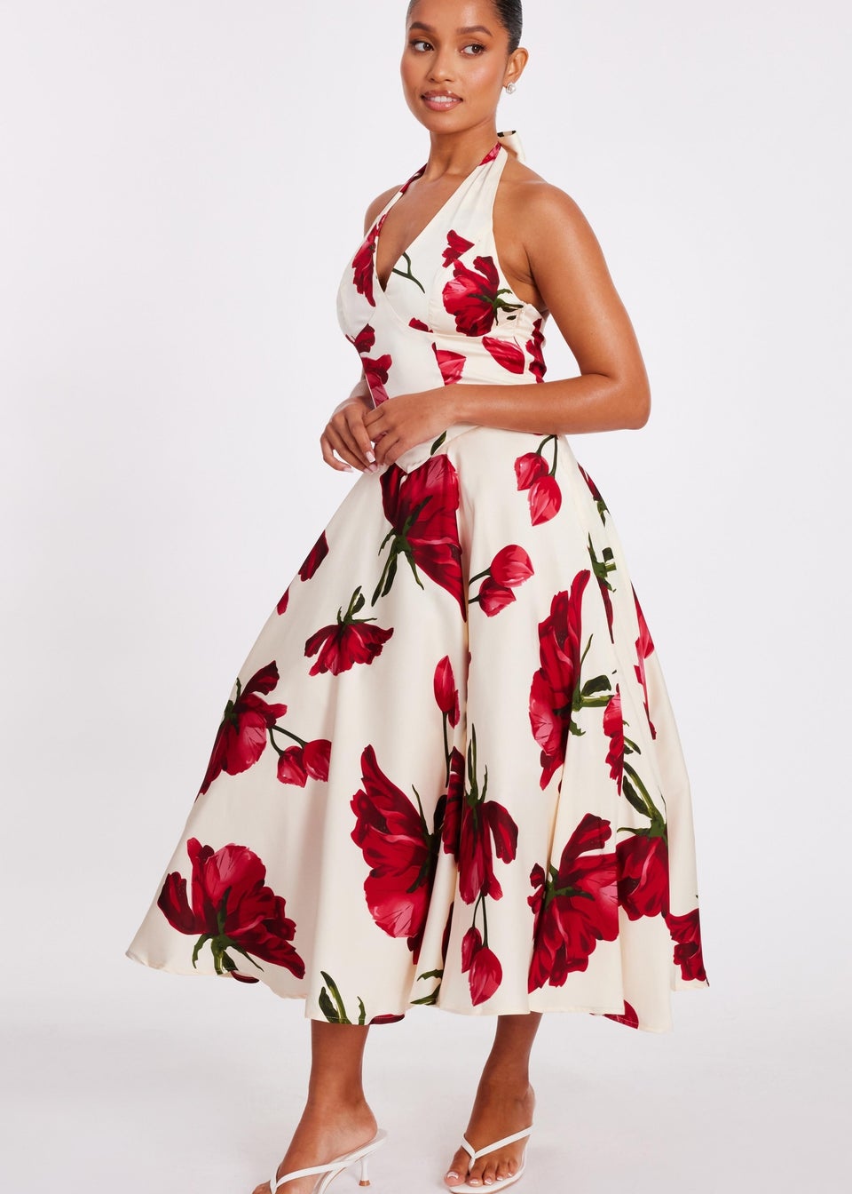 Quiz Cream Petite Satin Rose Print Midi Dress