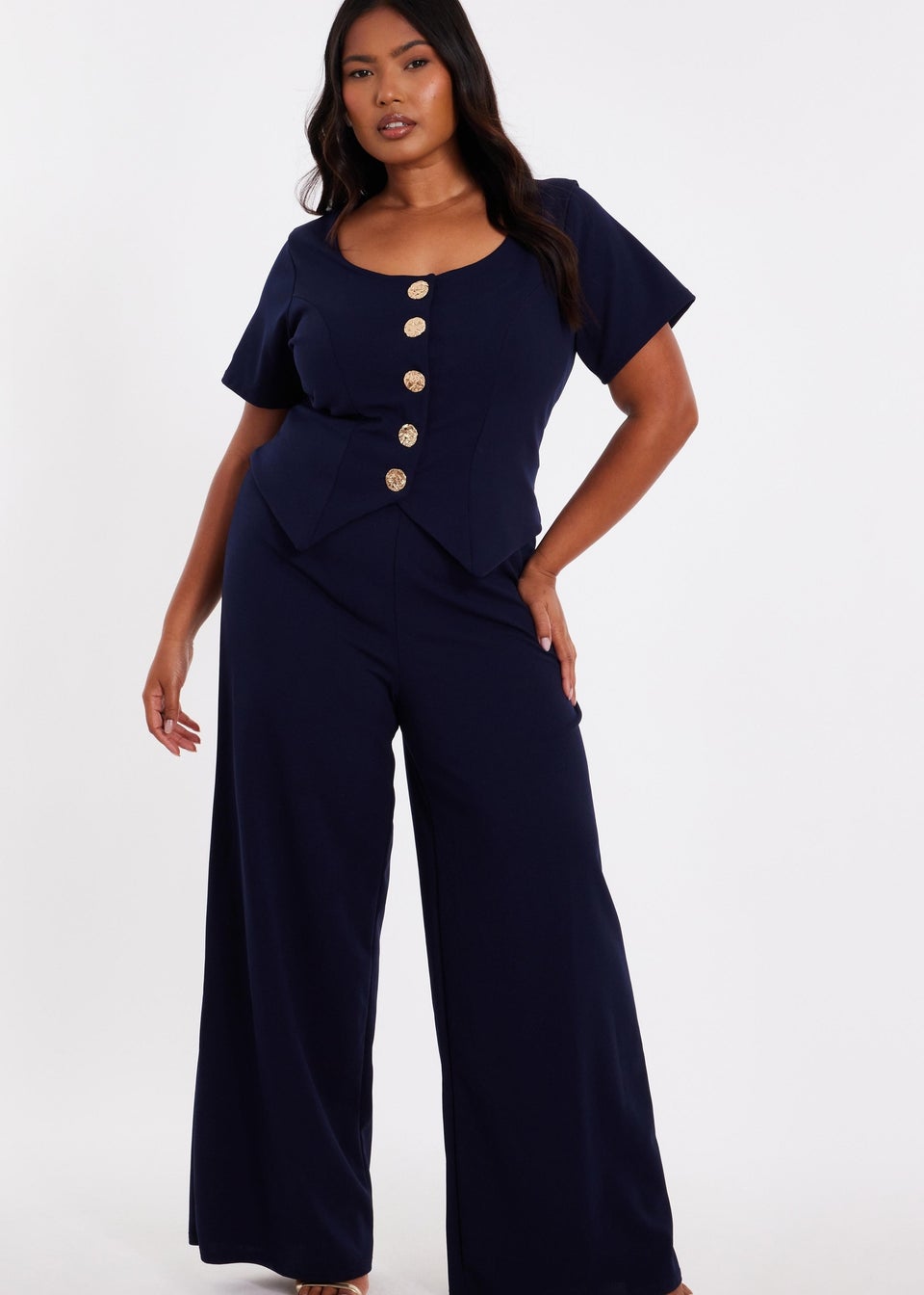 Quiz Navy Curve Button Detail Jumpsuit
