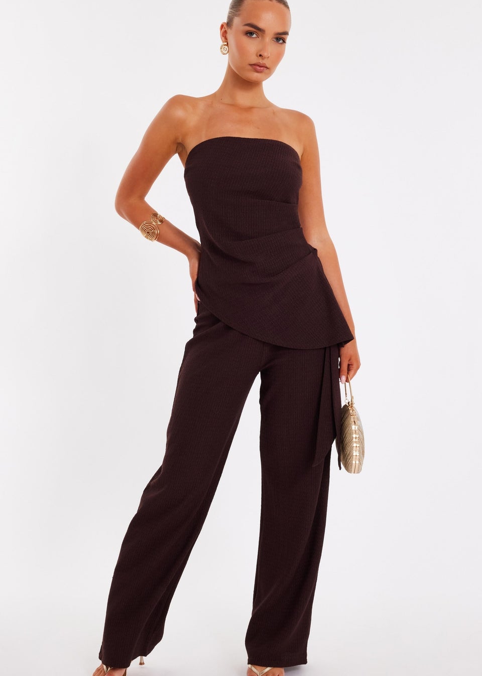 Quiz Brown Textured Bandeau Top