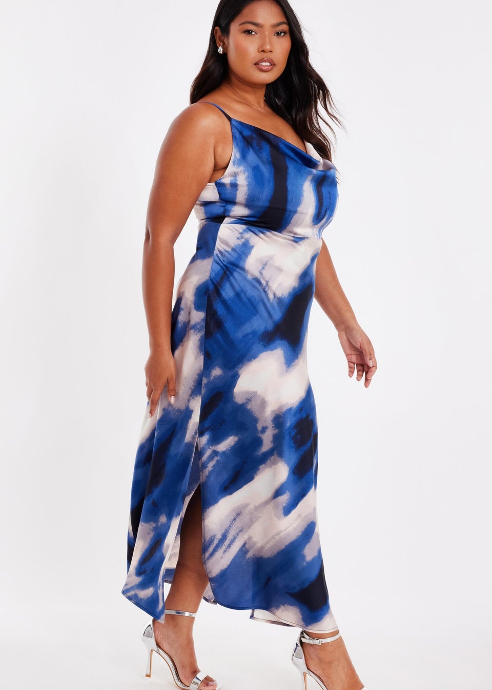 Quiz Blue Curve Satin Marble Midaxi Dress