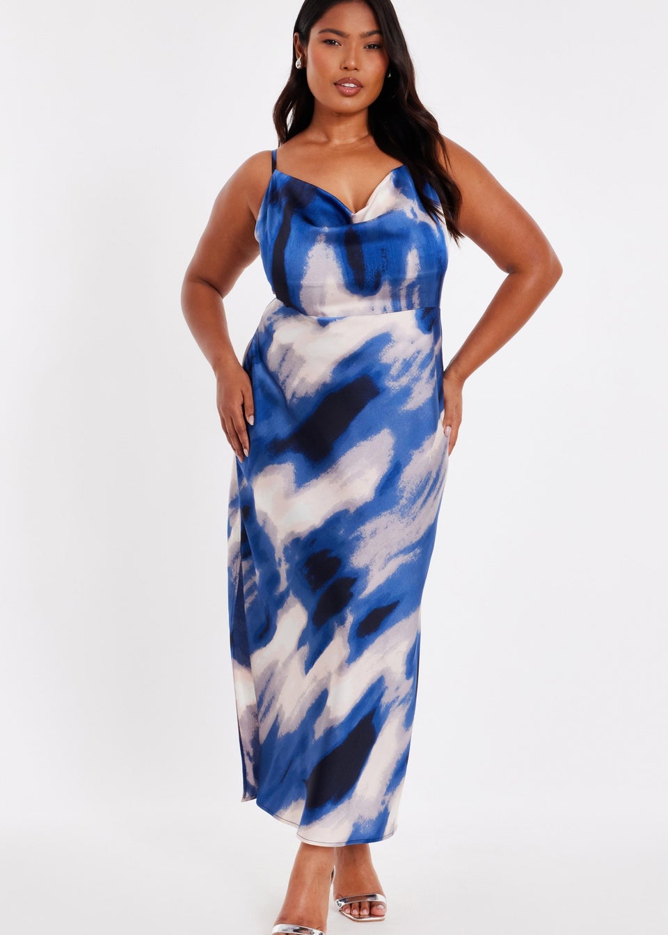 Quiz Blue Curve Satin Marble Midaxi Dress