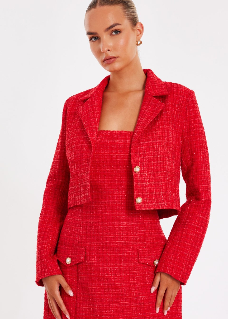 Quiz Red Boucle Cropped Blazer