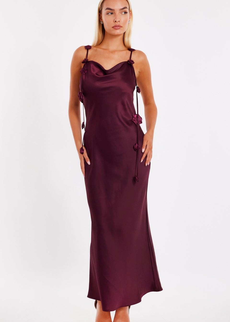 Quiz Burgundy Floral Trim Midaxi Dress
