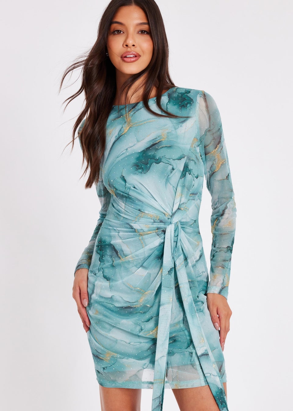 Quiz Green Mesh Marble Print Midi Dress