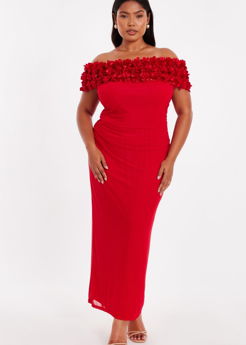 Quiz Red Curve Floral Bardot Midaxi Dress