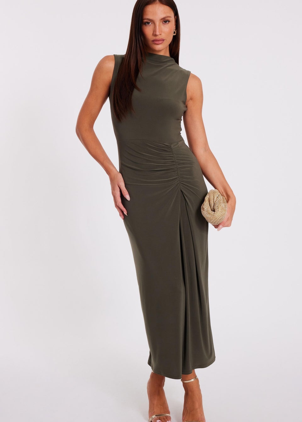Quiz Khaki Ruched Bodycon Midaxi Dress