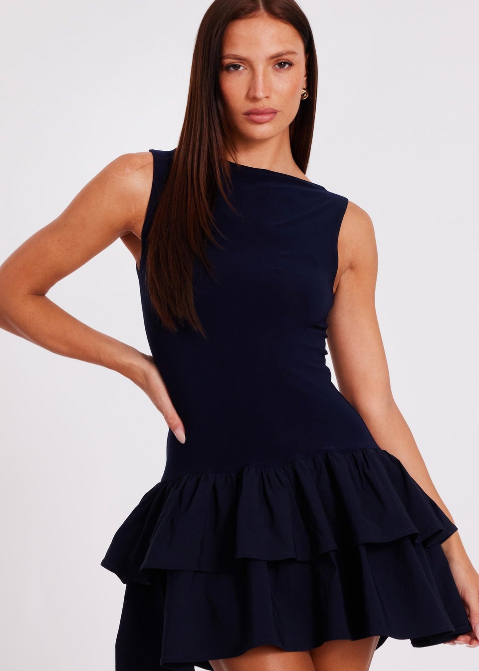 Quiz Navy Ruffle Hem Mini Dress