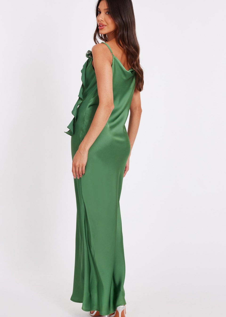 Quiz Green Satin Corsage Midaxi Dress