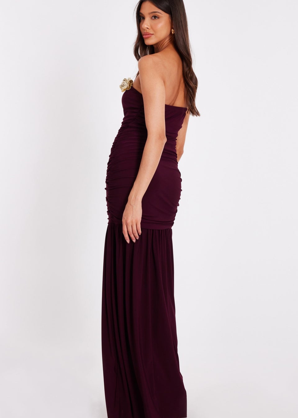 Quiz Burgundy Strapless Corsage Maxi Dress