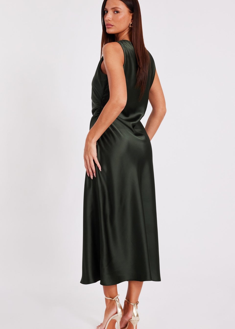 Quiz Green Satin Ruched Midi Dress