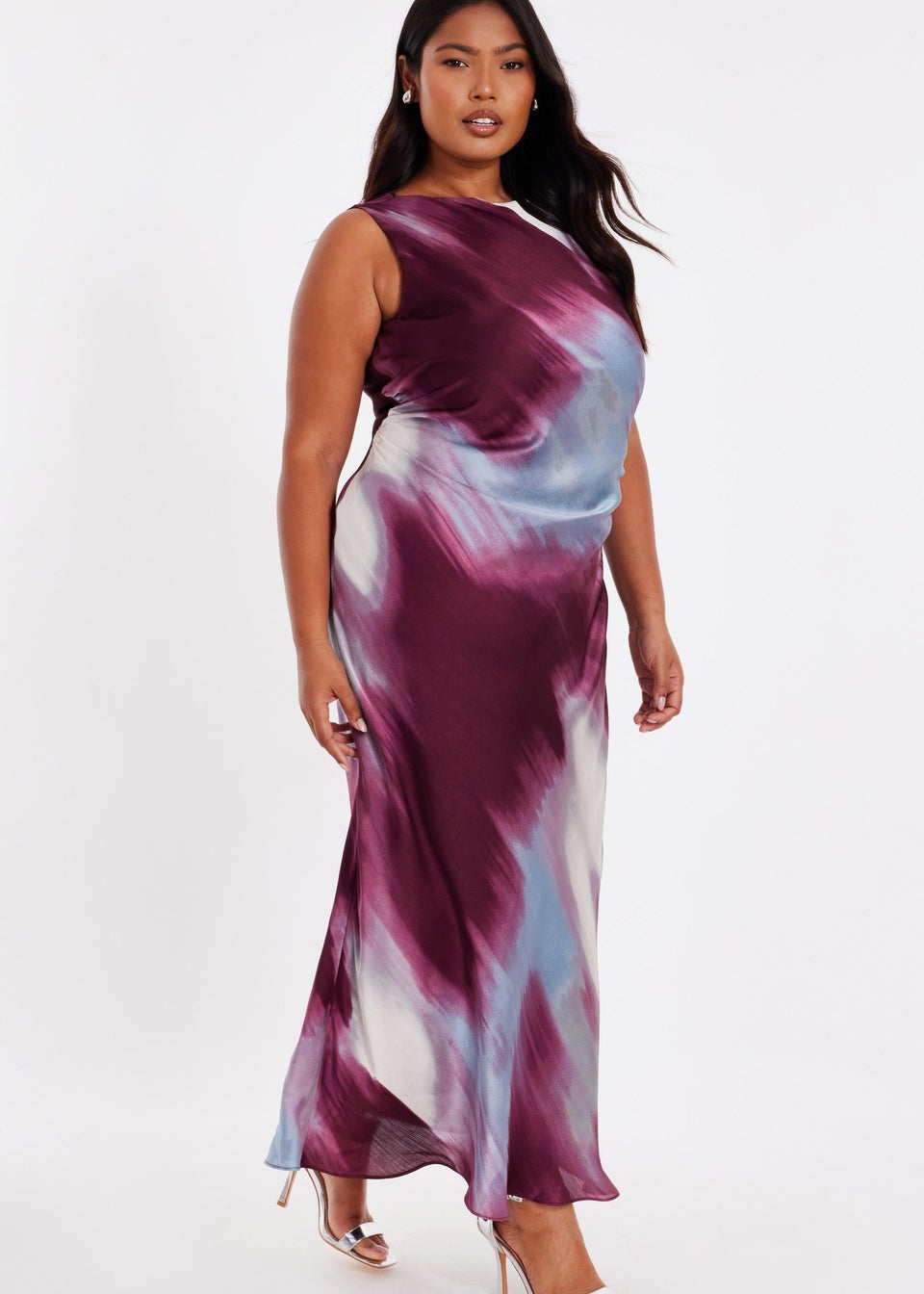 Quiz Multi Curve Printed Satin Midaxi Dress
