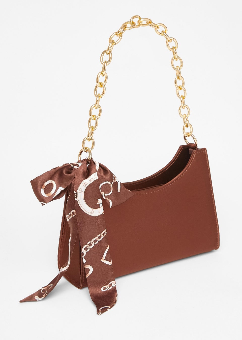 Quiz Brown Satin Chain Shoulder Bag