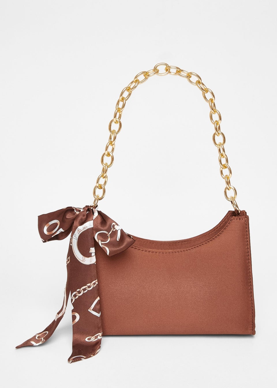 Quiz Brown Satin Chain Shoulder Bag