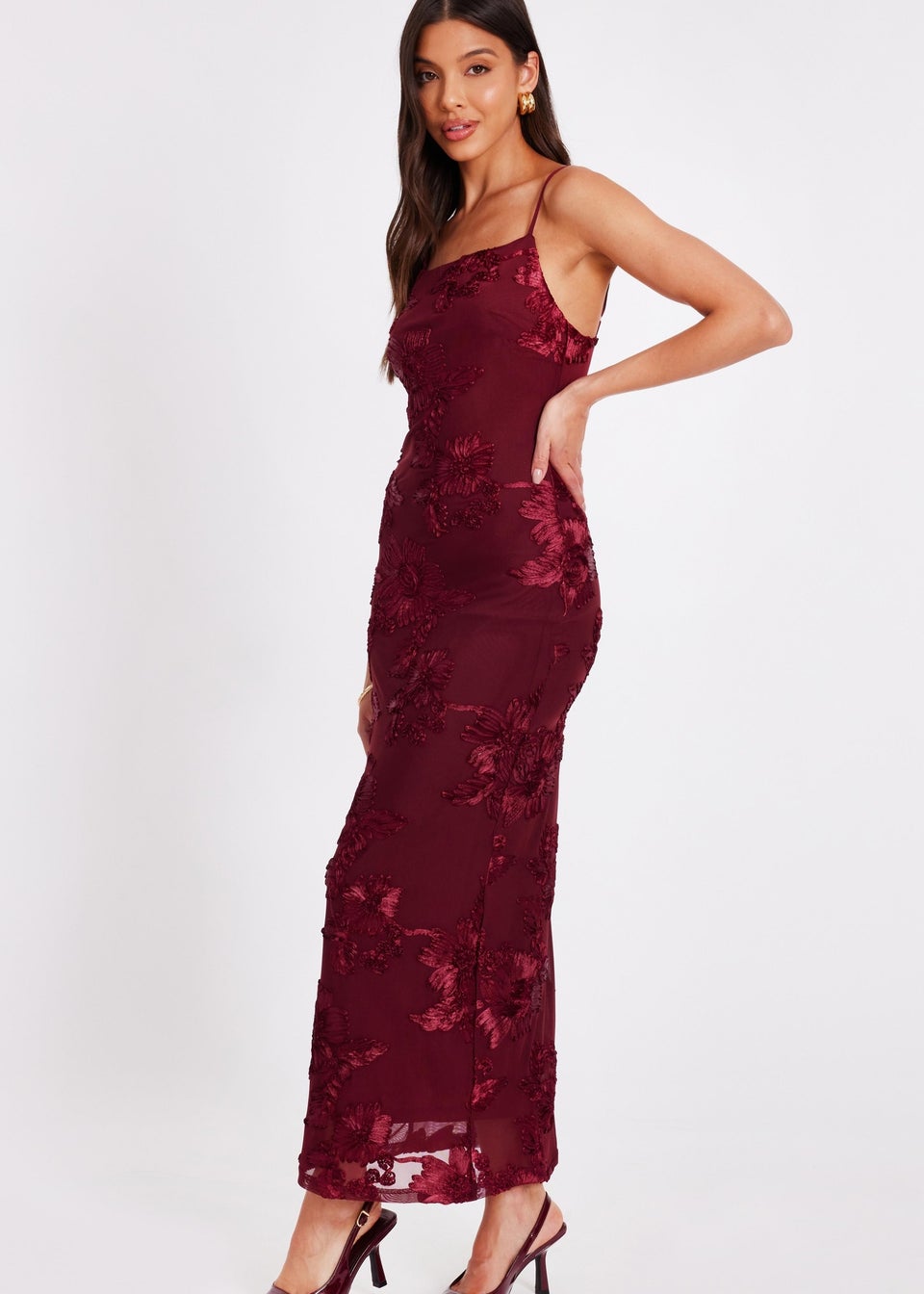 Quiz Burgundy Floral Applique Midaxi Dress