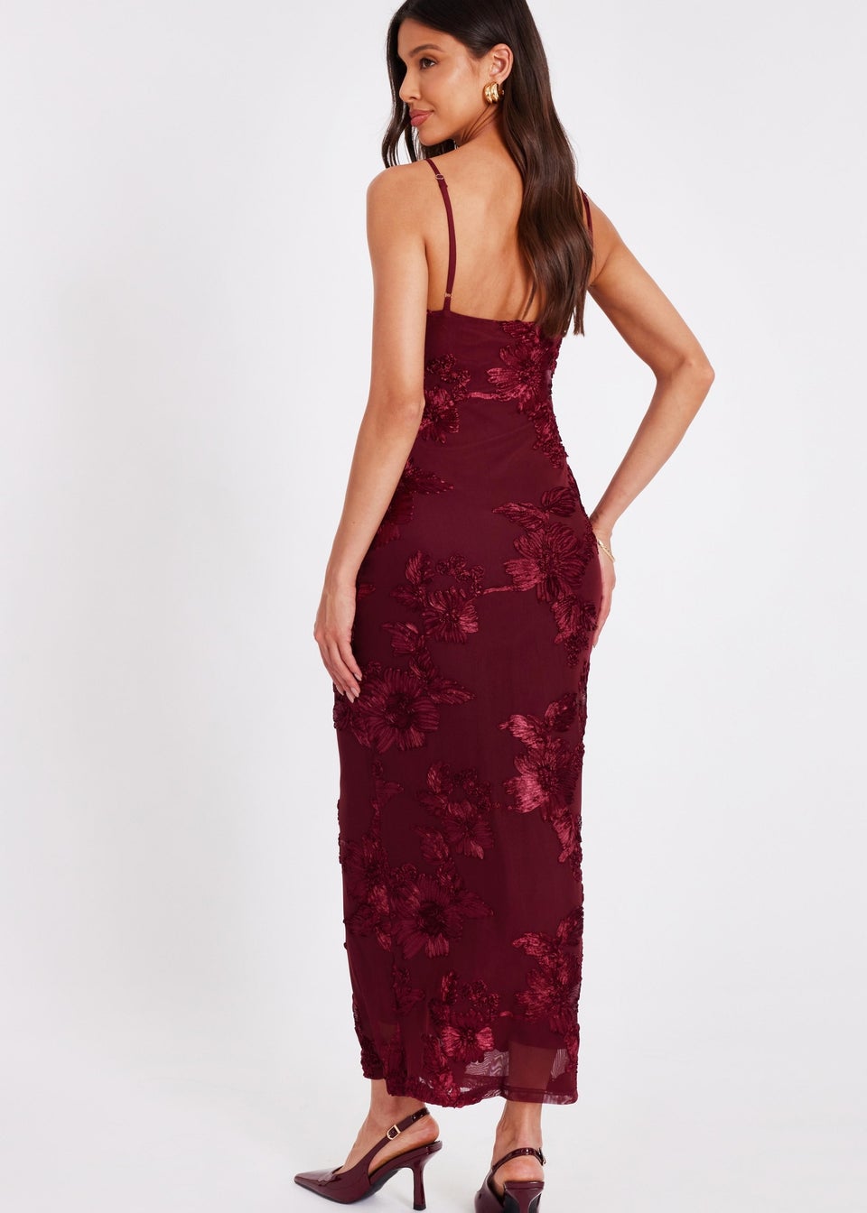 Quiz Burgundy Floral Applique Midaxi Dress