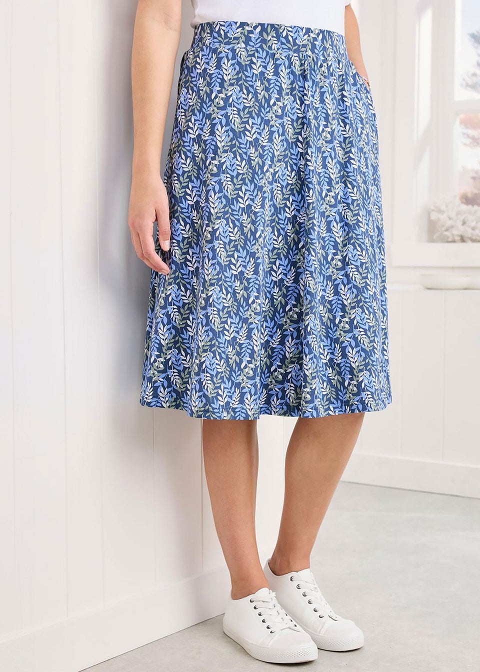 Cotton Traders Mid Blue Pull On Jersey Knee Length Skirt