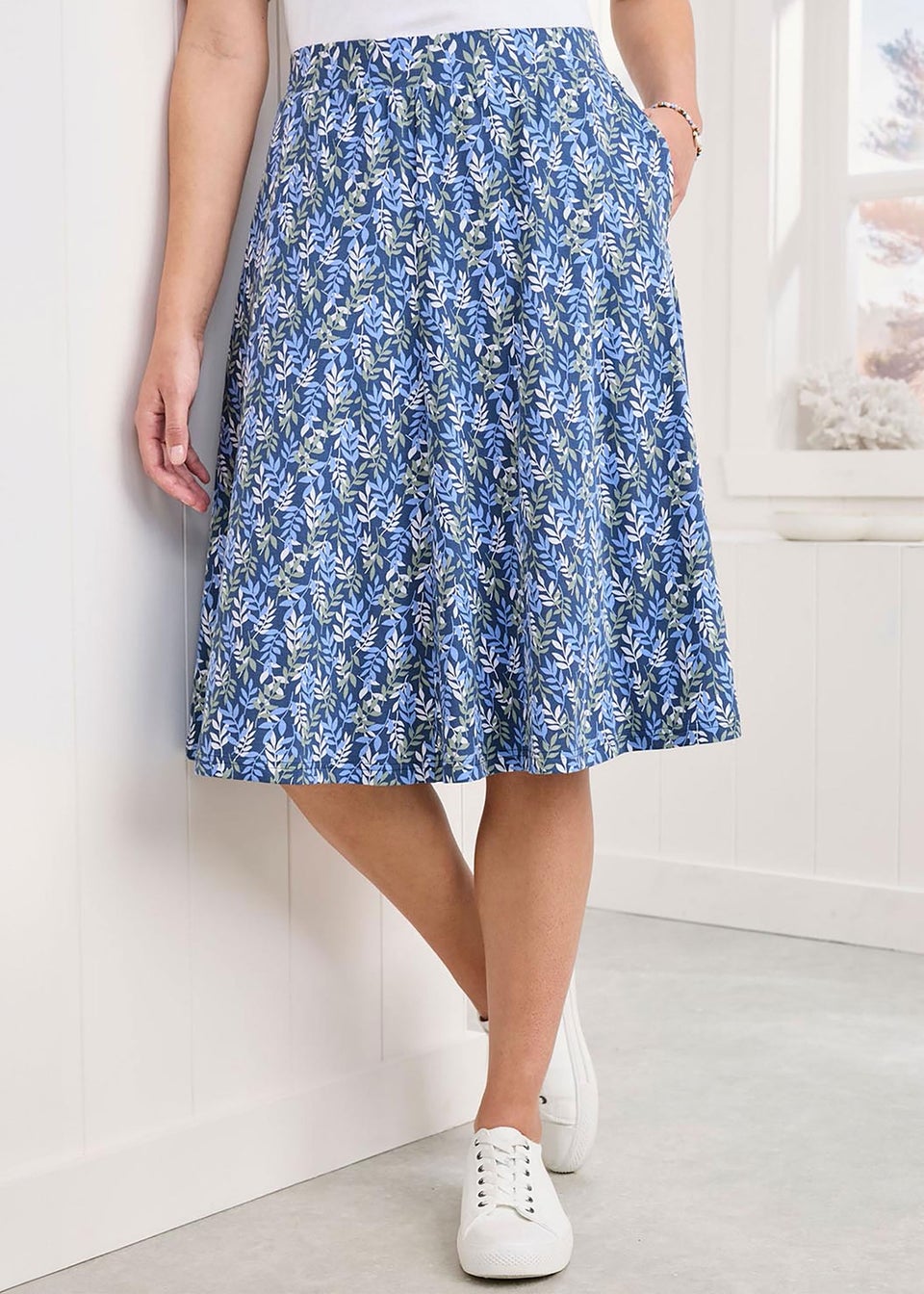 Cotton Traders Mid Blue Pull On Jersey Knee Length Skirt