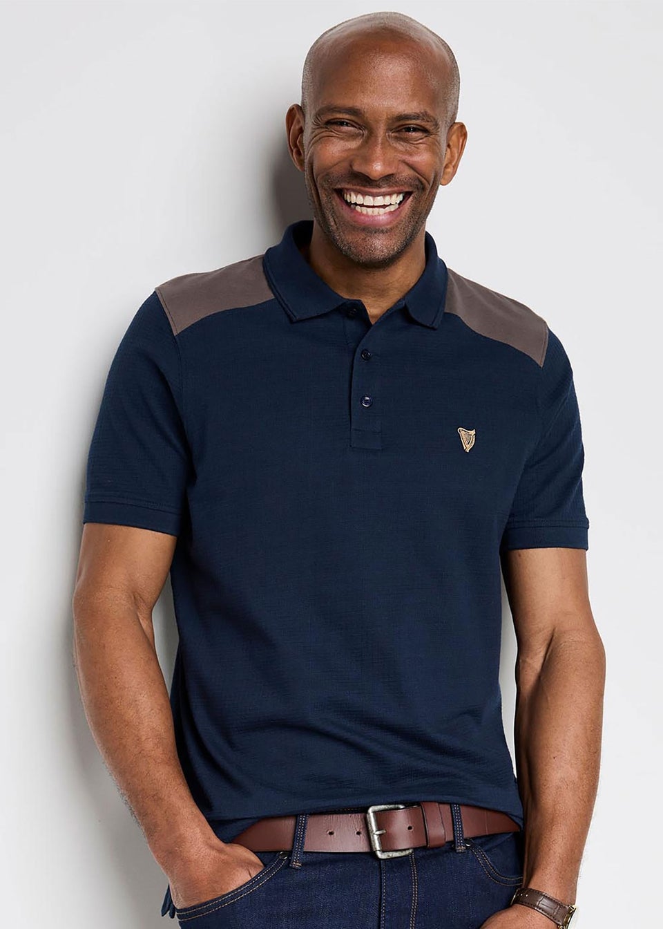 Cotton Traders Navy Guinness TM 1/2 Short Sleeve Textured Panelled Polo Shirt
