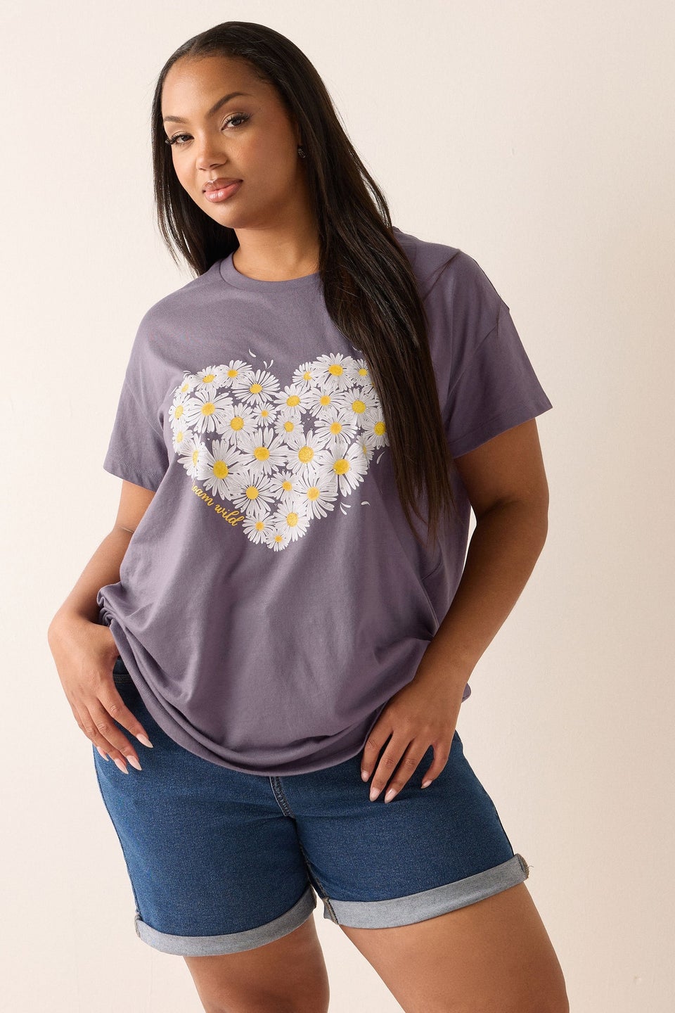 Yours Curve Purple Daisy Heart Print T-Shirt