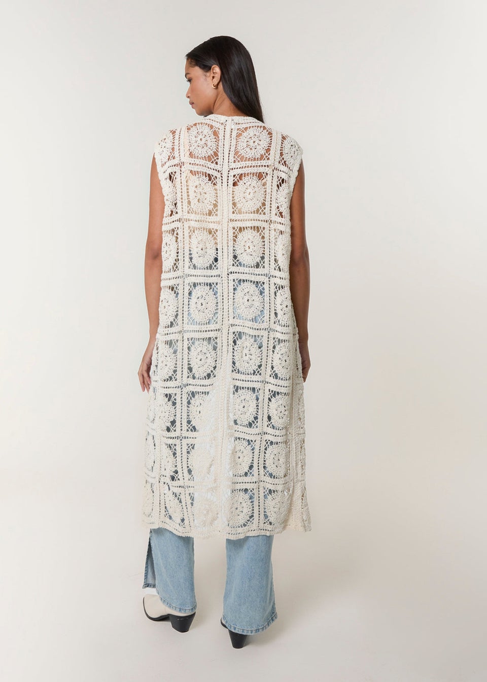 Blue Vanilla Beige Crochet Detailed Tie Front Cardigan