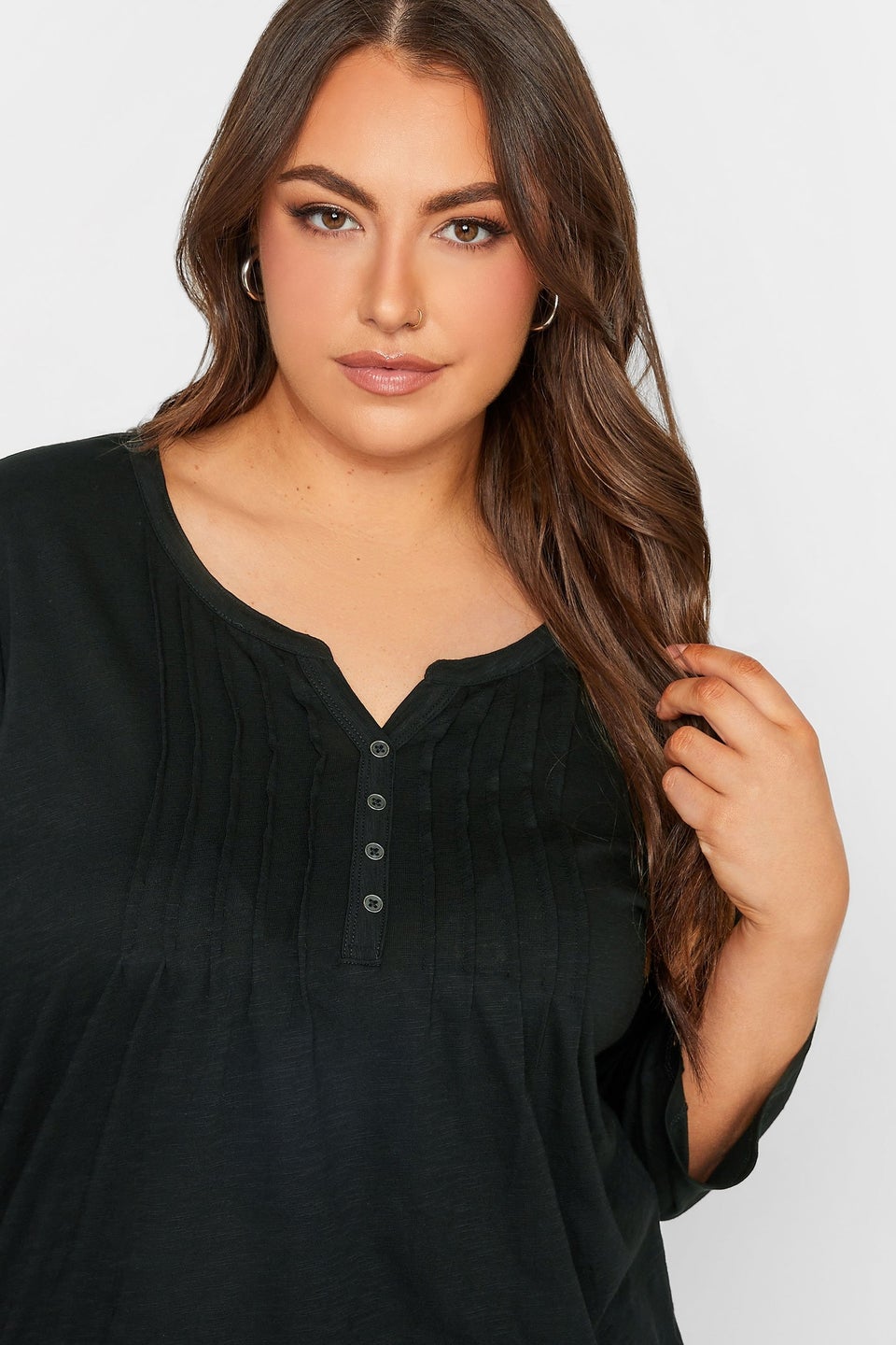 Yours Curve Black Pintuck Button Henley T-Shirt