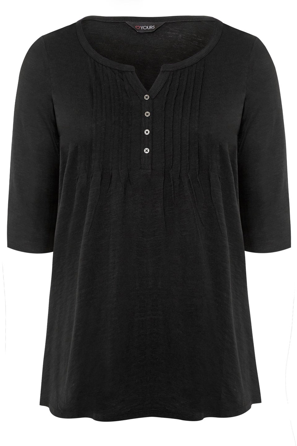 Yours Curve Black Pintuck Button Henley T-Shirt