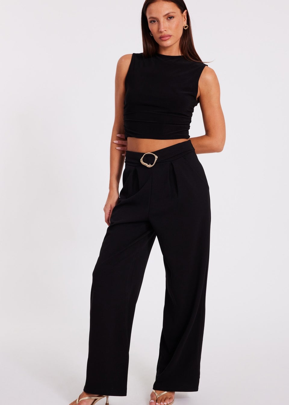 Quiz Black Buckle Front Palazzo Trouser