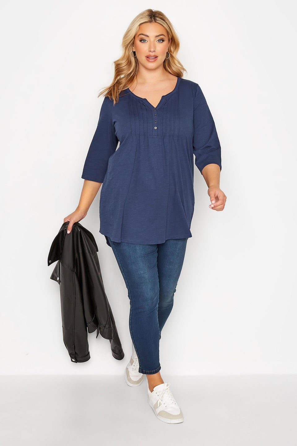 Yours Curve Denim Blue Pintuck Henley T-Shirt