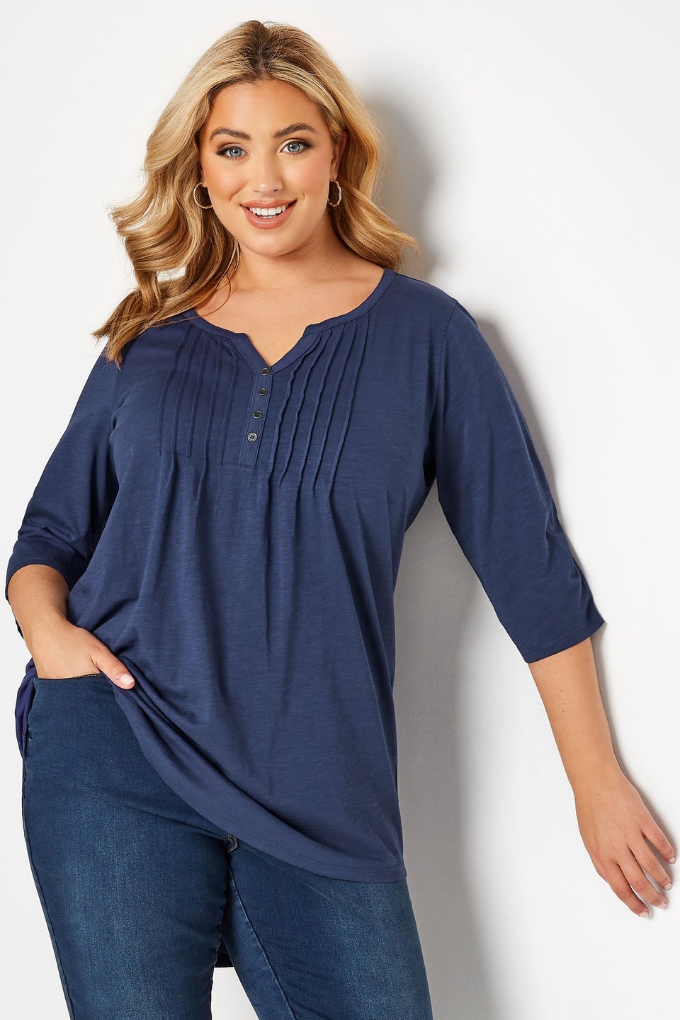 Yours Curve Denim Blue Pintuck Henley T-Shirt