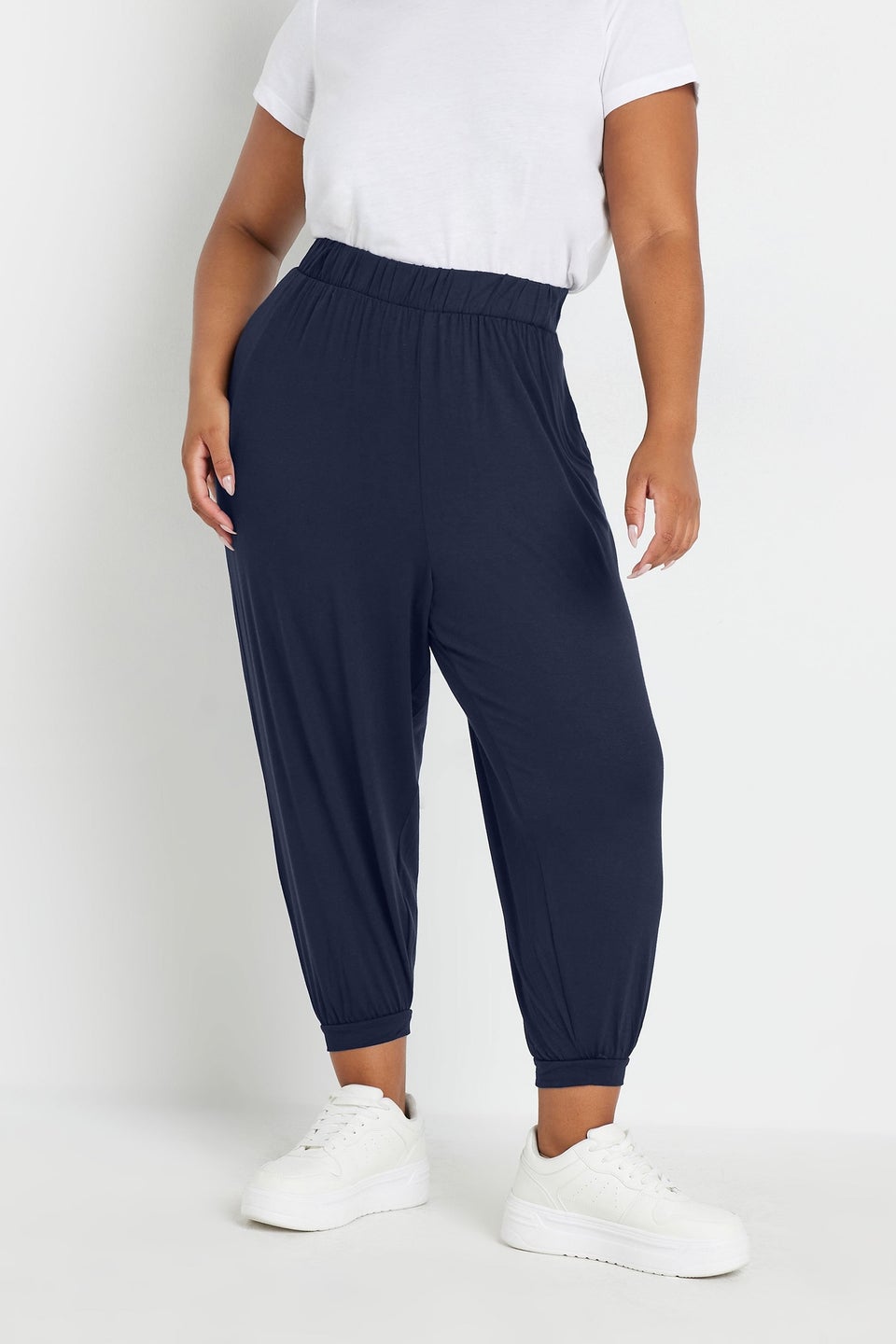 Yours Curve Navy Blue Cropped Jersey Harem Joggers