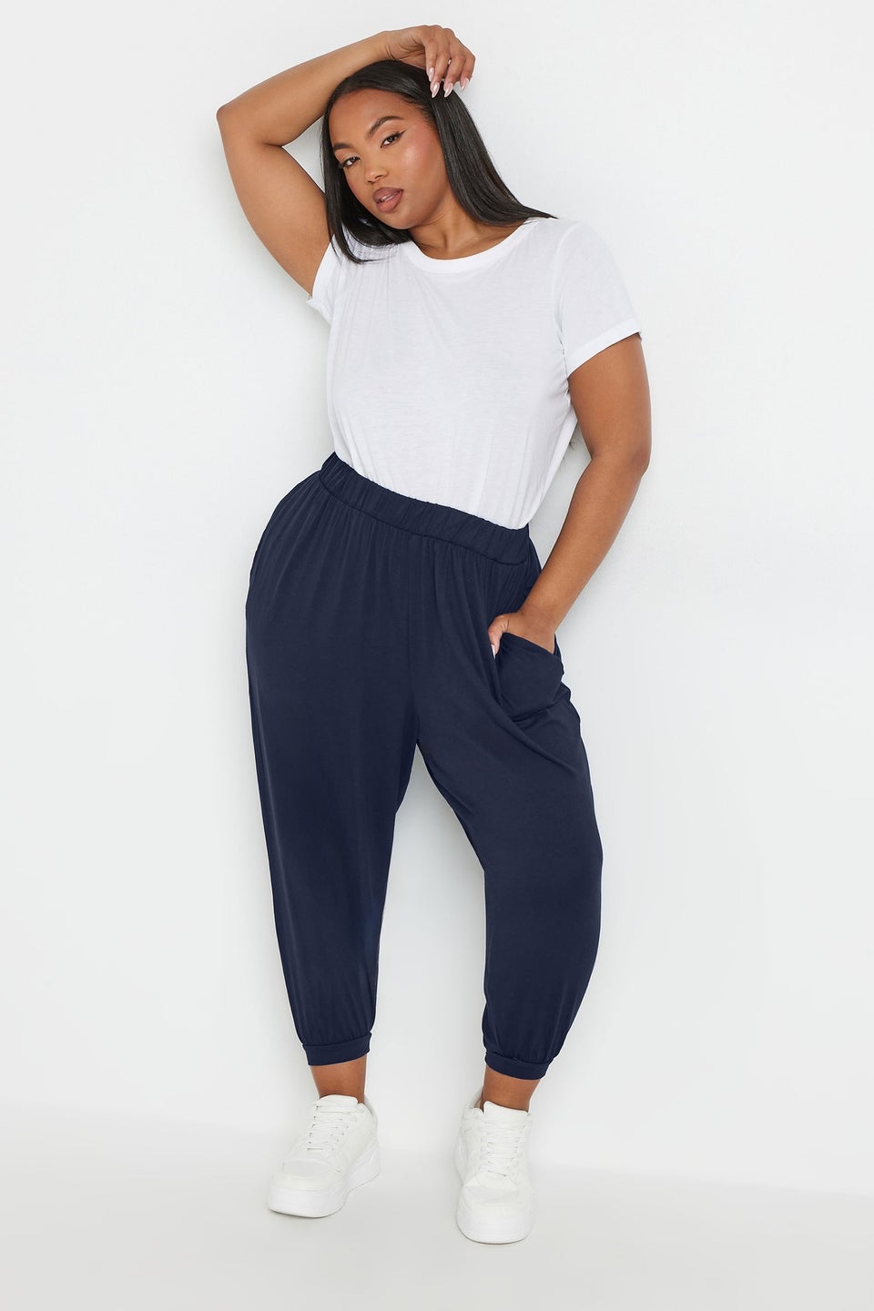 Yours Curve Navy Blue Cropped Jersey Harem Joggers
