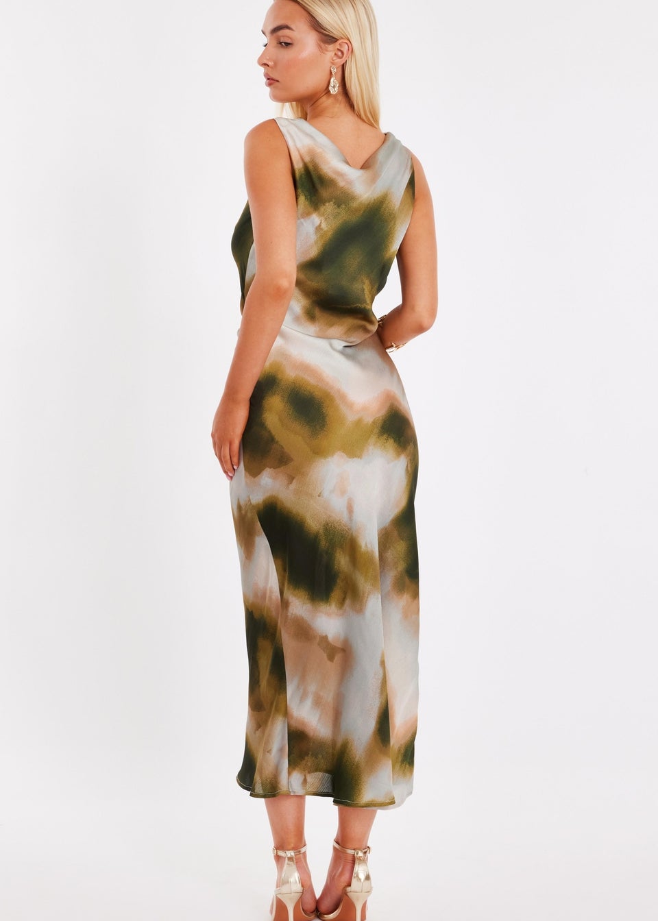 Quiz Khaki Printed Satin Midaxi Dress
