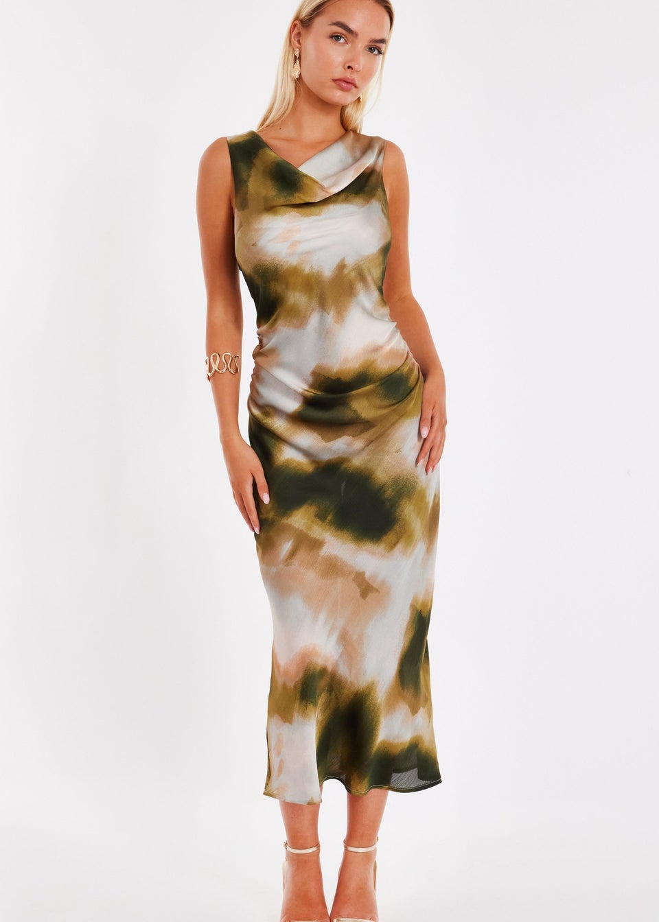 Quiz Khaki Printed Satin Midaxi Dress