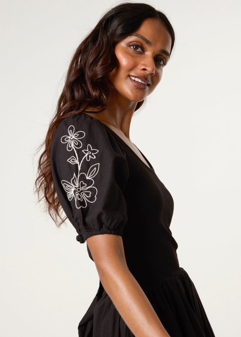 Blue Vanilla Black Embroidered Puff Sleeve Midi Dress