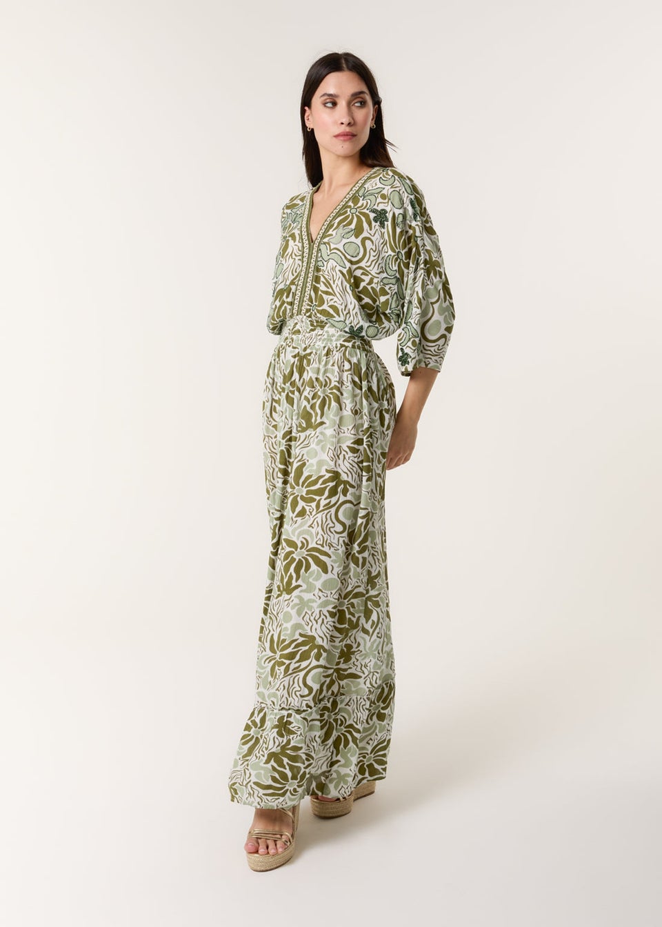 Blue Vanilla Khaki Embellished V Front & Back Maxi Dress