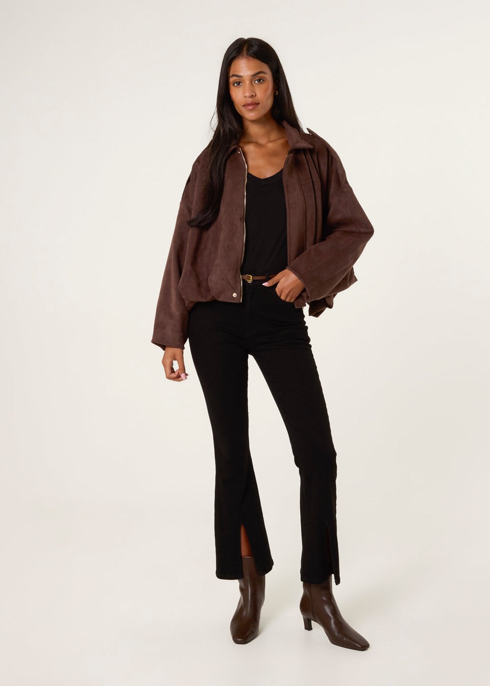 Blue Vanilla Brown Suedette Puffball Jacket