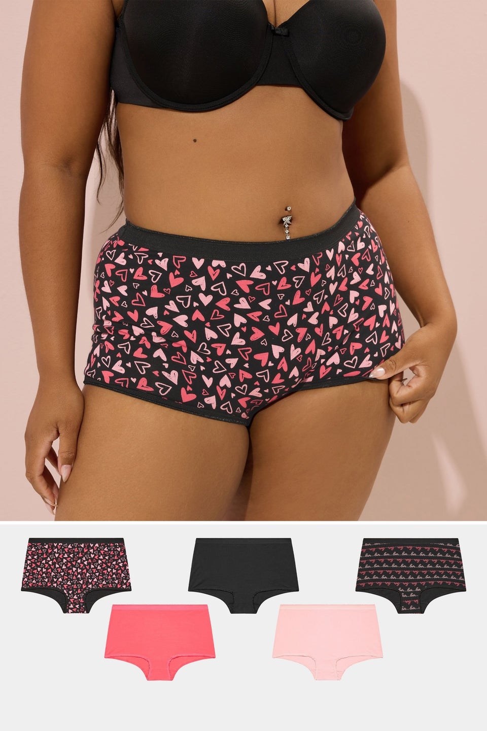 Yours Curve 5 Pack Black & Pink Heart Print Shorts