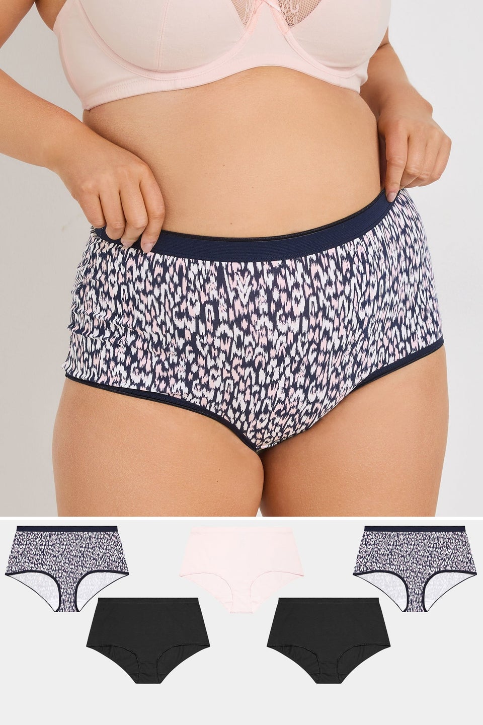 Yours 5 Pack Curve Navy Blue Leopard Print Full Briefs