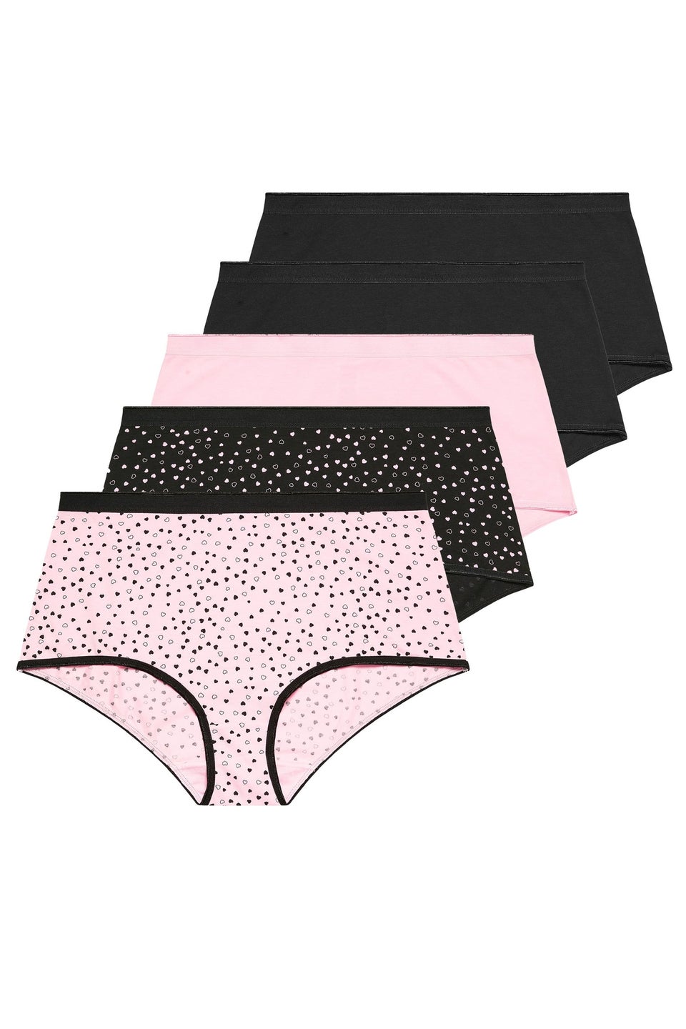 Yours 5 Pack Curve Pink & Black Heart Print Full Briefs