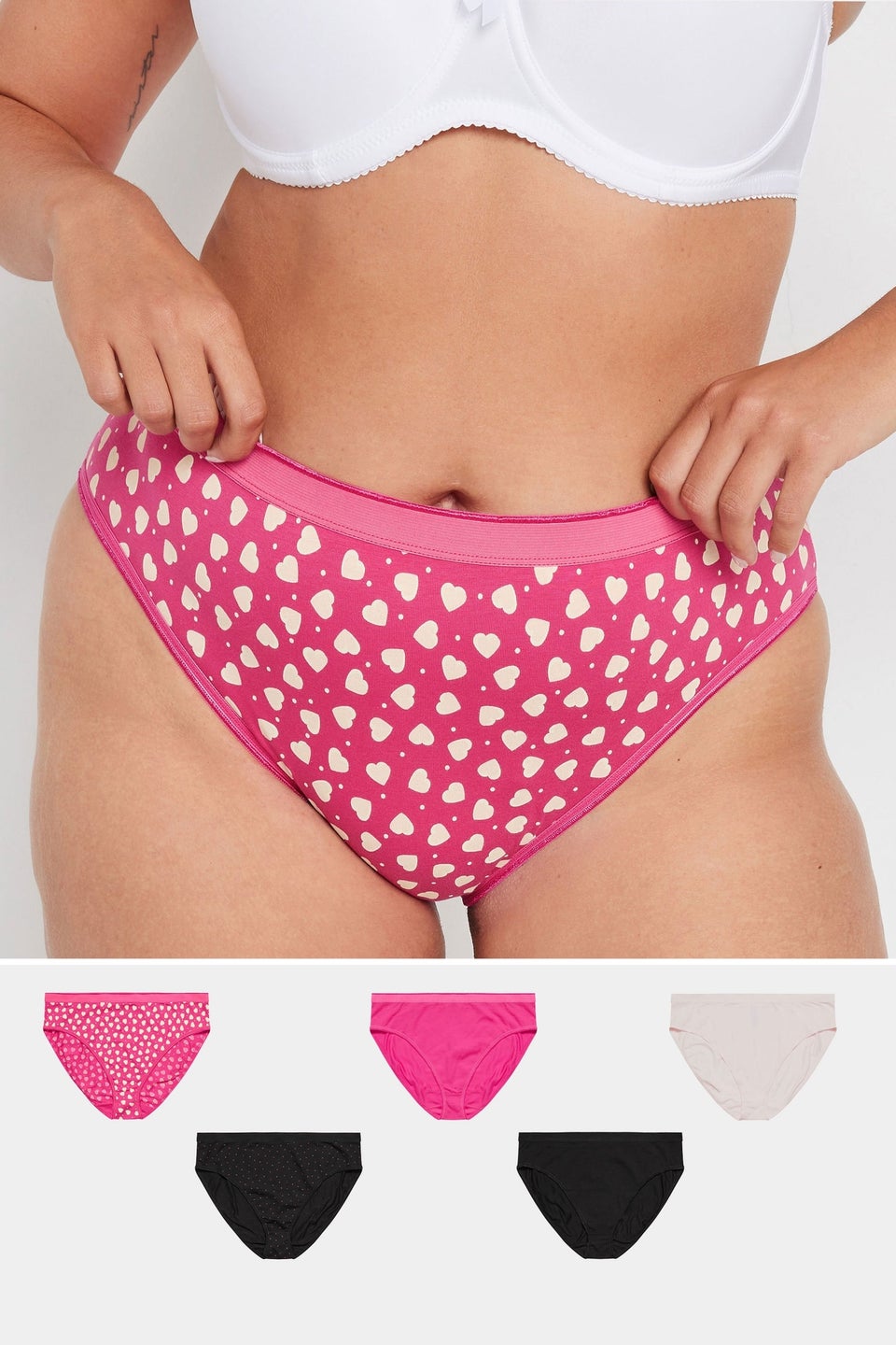 Yours Curve 5 Pack Pink Heart Print Full Briefs