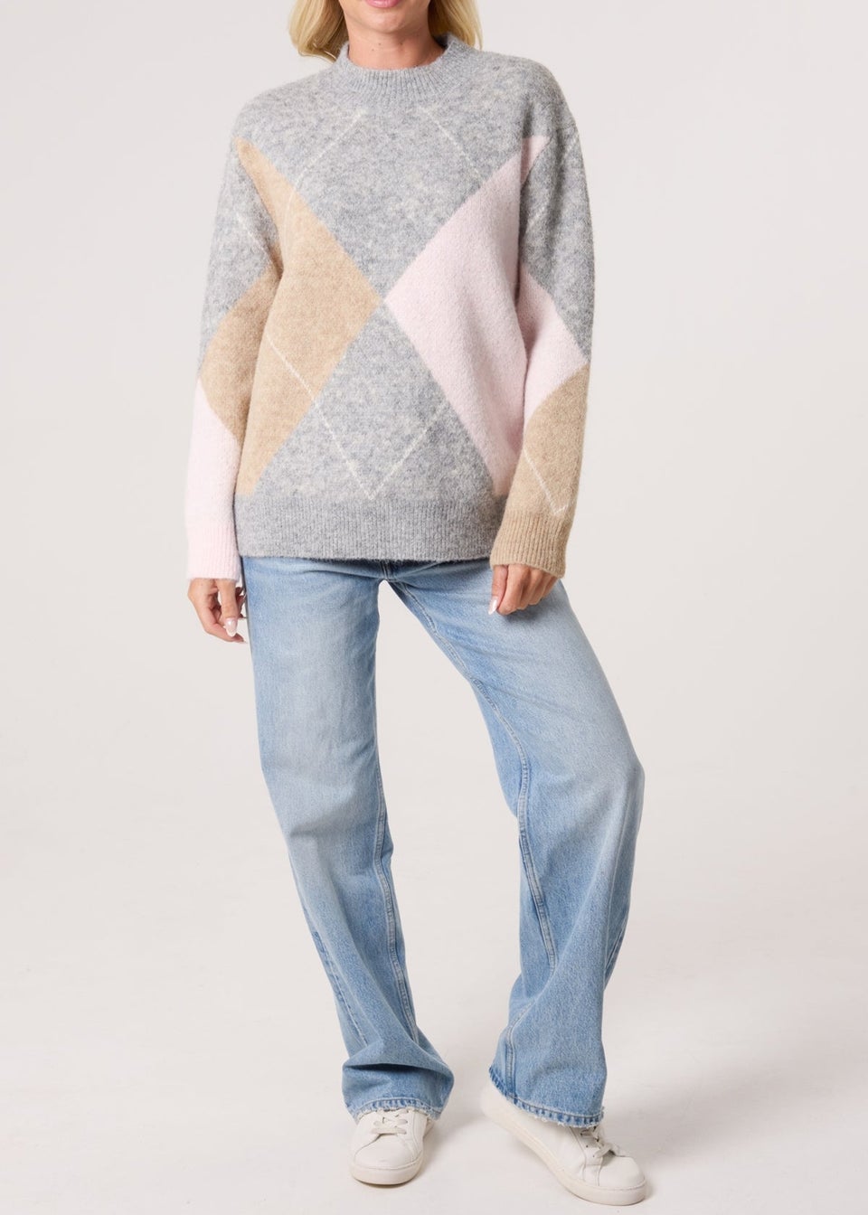Blue Vanilla Grey Argyle Knitted Crew Neck Jumper