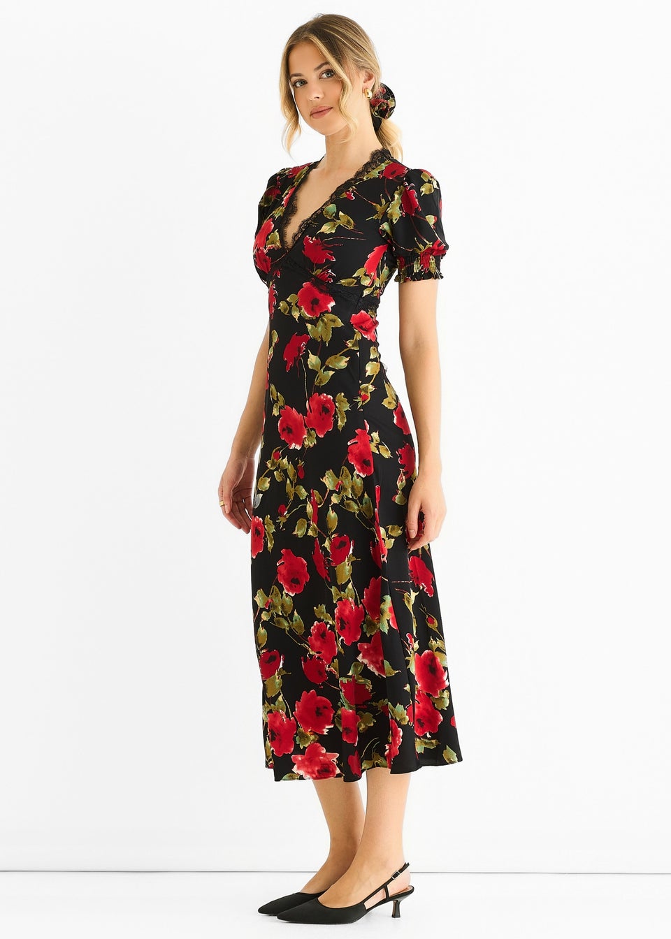 Gini London Black Floral Lace Trim Detail Midi Dress