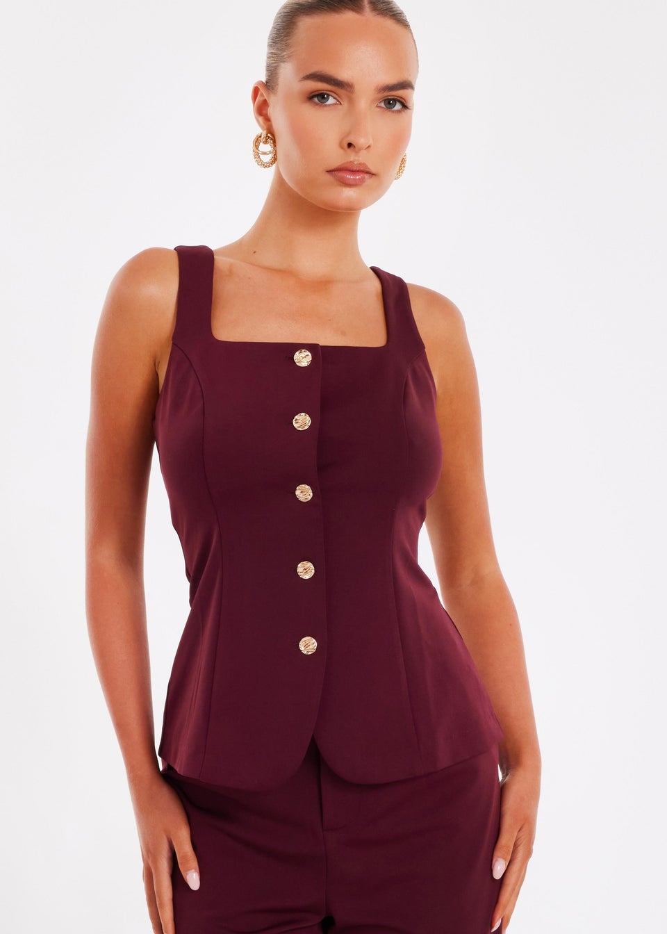 Quiz Burgundy Button Front Waistcoat