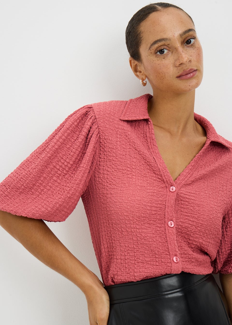 Rose Textured Puff Sleeve Button Shirt