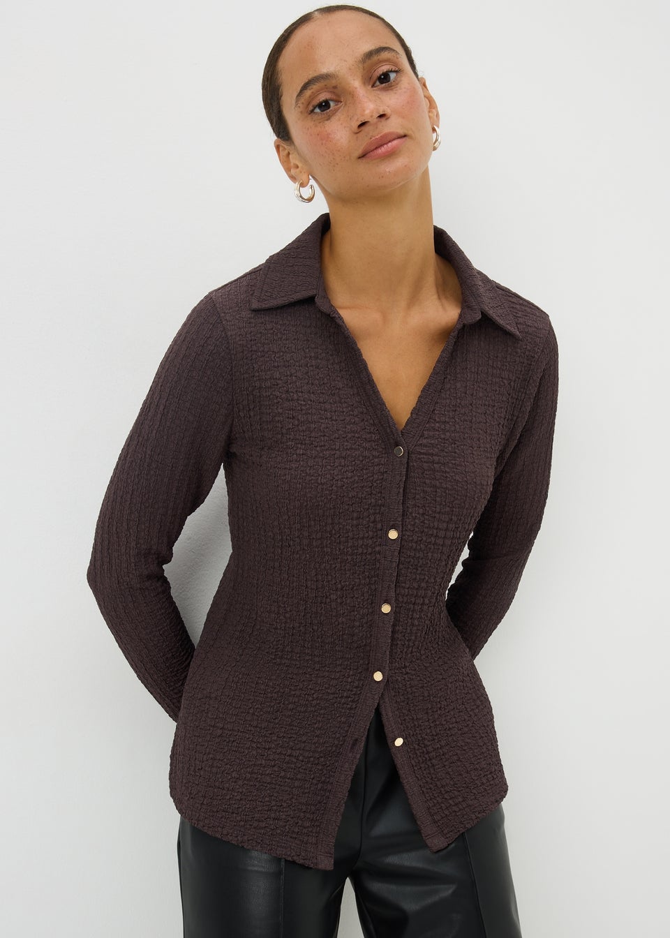 Chocolate Long Sleeve Textured Shirt