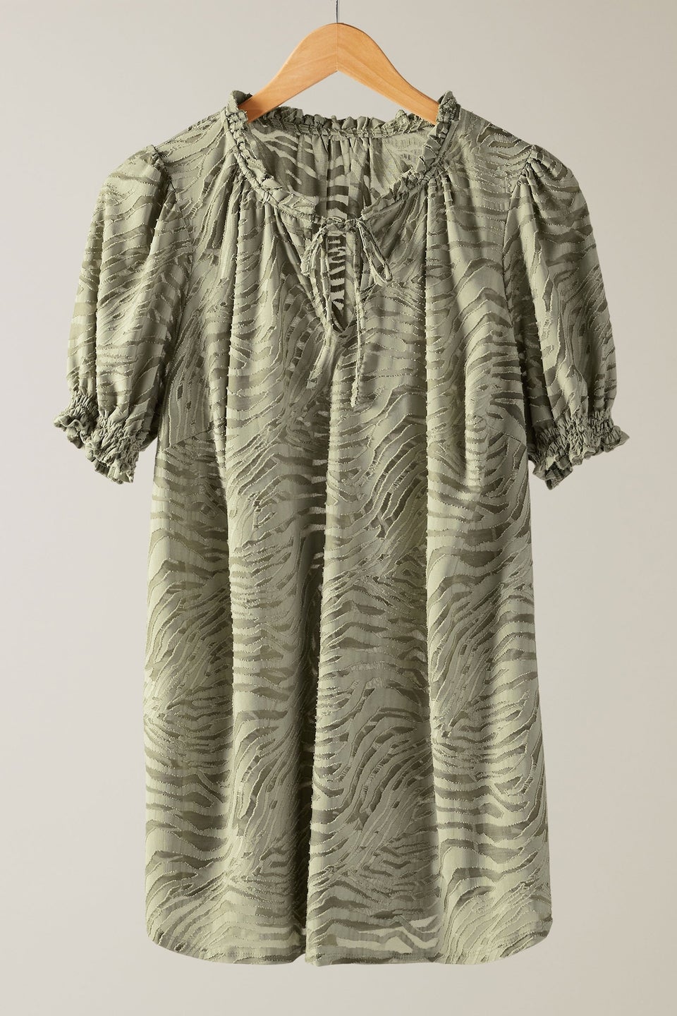 Evans Curve Khaki Green Burnout Print Tie Neck Blouse